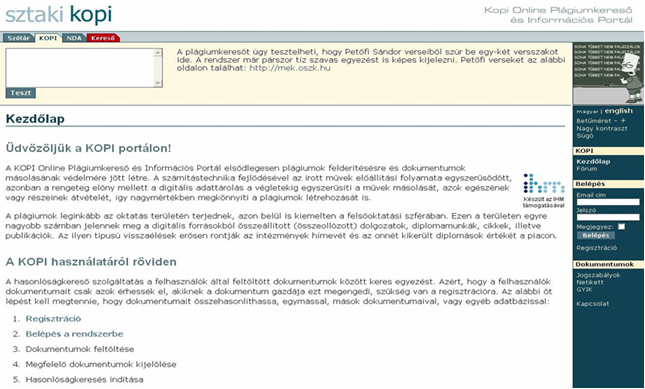 KOPI Online Plágiumkereső és Információs Portál oldal - 1. változat