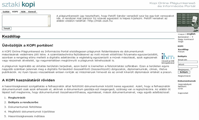 KOPI Online Plágiumkereső és Információs Portál oldal - 2. változat